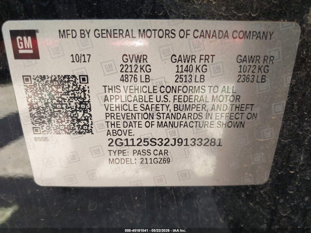 Продажа на аукционе авто 2018 Chevrolet Impala 2lz, vin: 2G1125S32J9133281, номер лота: 45161041