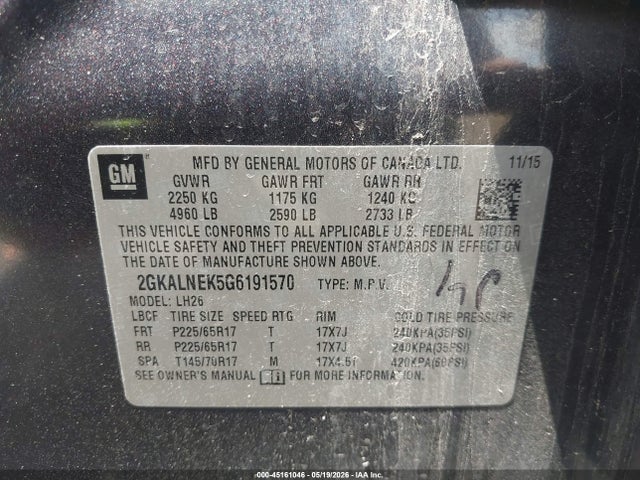 Aukcja sprzedaży 2016 Gmc Terrain Sle-2, vin: 2GKALNEK5G6191570, numer aukcji: 45161046