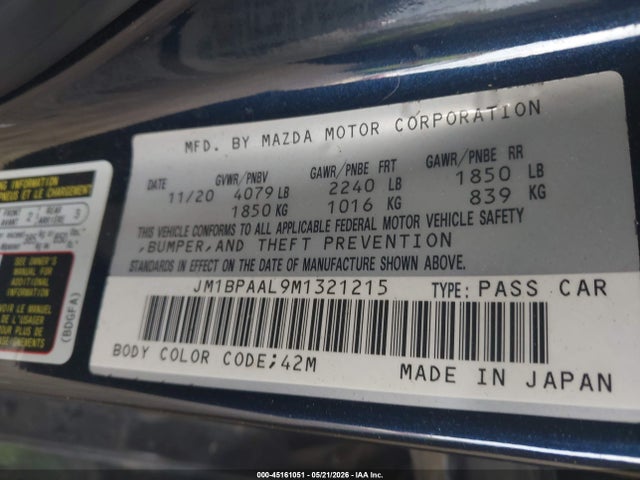 45161051 :رقم المزاد ، JM1BPAAL9M1321215 vin ، 2021 Mazda Mazda3 مزاد بيع