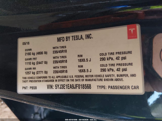 5YJ3E1EA9JF018568 Tesla Model 3 Long Range/mid Range