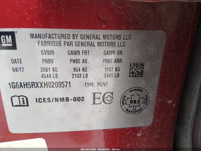 45161066 :رقم المزاد ، 1G6AH5RXXH0200571 vin ، 2017 Cadillac Ats Turbo Luxury مزاد بيع
