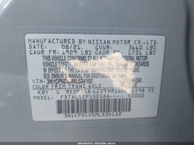 45161074 :رقم المزاد ، 3N1CP5CV5ML534152 vin ، 2021 Nissan Kicks Sv Xtronic Cvt مزاد بيع