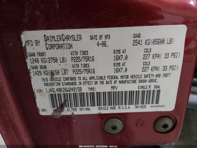Aukcja sprzedaży 2006 Jeep Liberty Sport, vin: 1J4GL48K26W249158, numer aukcji: 45161075