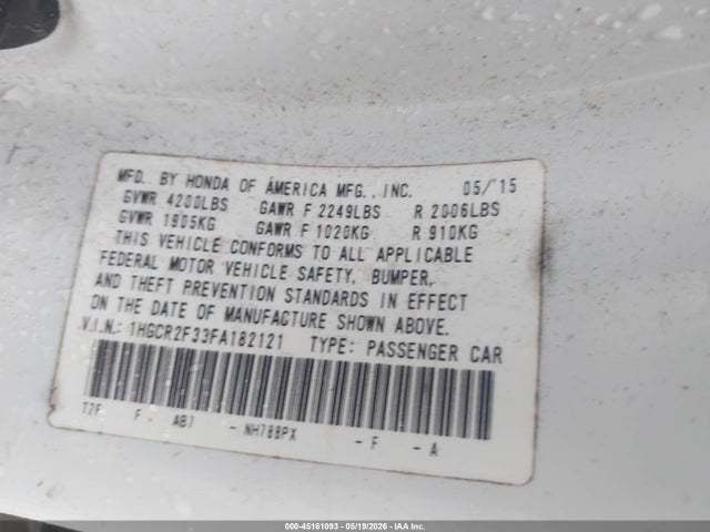 Продаж на аукціоні авто 2015 Honda Accord Lx, vin: 1HGCR2F33FA182121, номер лоту: 45161093