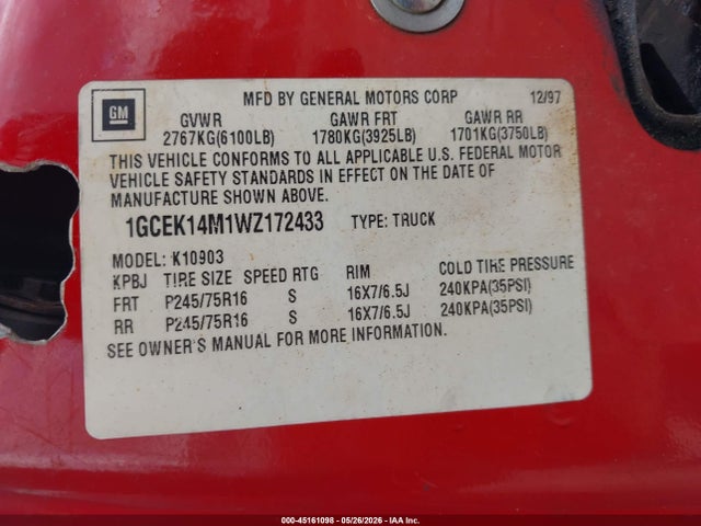 1998 Chevrolet K1500 Fleetside მანქანა იყიდება აუქციონზე, vin: 1GCEK14M1WZ172433, აუქციონის ნომერი: 45161098