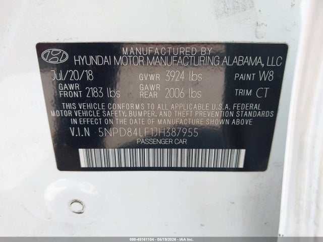 5NPD84LF1JH387955 Hyundai ELANTRA SEL