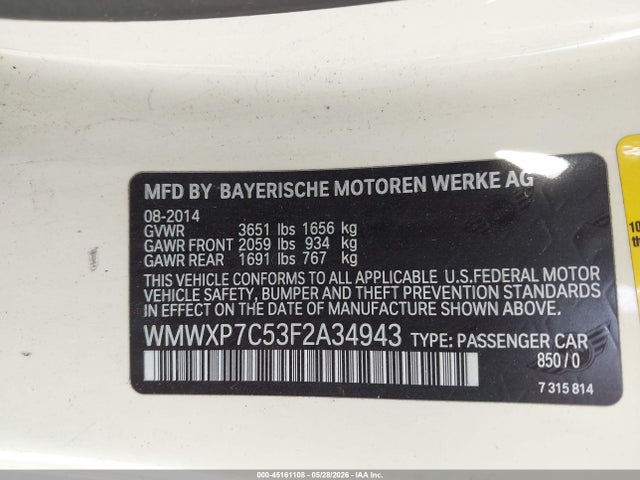 Продажа на аукционе авто 2015 Mini Hardtop Cooper S, vin: WMWXP7C53F2A34943, номер лота: 45161108