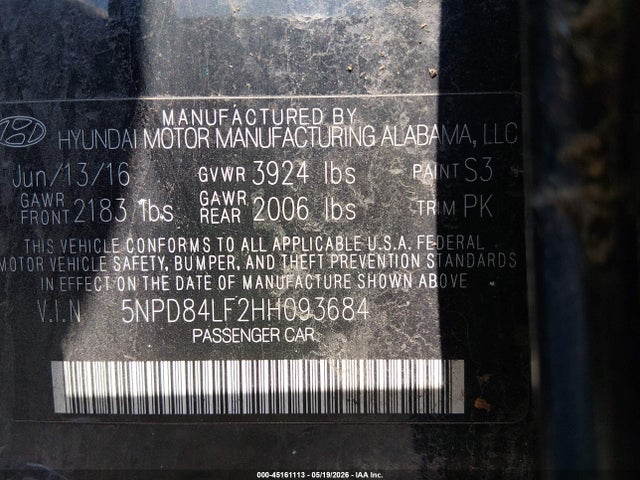 45161113 :رقم المزاد ، 5NPD84LF2HH093684 vin ، 2017 Hyundai Elantra Se مزاد بيع