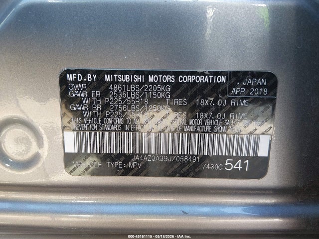 Aukcja sprzedaży 2018 Mitsubishi Outlander Es, vin: JA4AZ3A39JZ058491, numer aukcji: 45161115