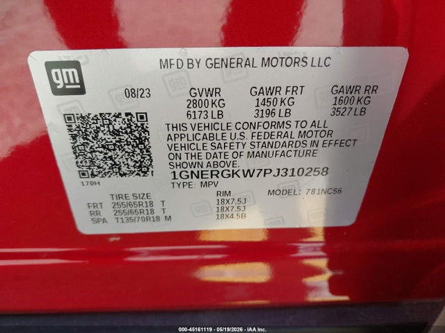 45161119 :رقم المزاد ، 1GNERGKW7PJ310258 vin ، 2023 Chevrolet Traverse Fwd Lt Cloth مزاد بيع