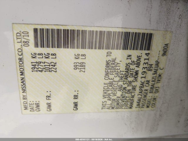 Продажа на аукционе авто 2010 Nissan Altima 2.5 S, vin: 1N4AL2AP8AC193314, номер лота: 45161121