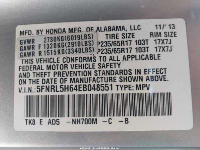 5FNRL5H64EB048551 Honda Odyssey Ex-l