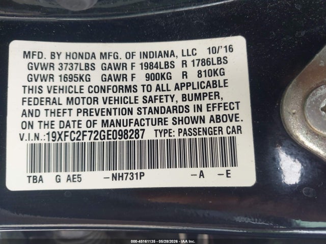 Honda CIVIC EX 2016 19XFC2F72GE098287 Image 9