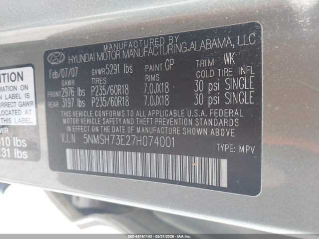 2007 Hyundai Santa Fe Limited/se მანქანა იყიდება აუქციონზე, vin: 5NMSH73E27H074001, აუქციონის ნომერი: 45161143