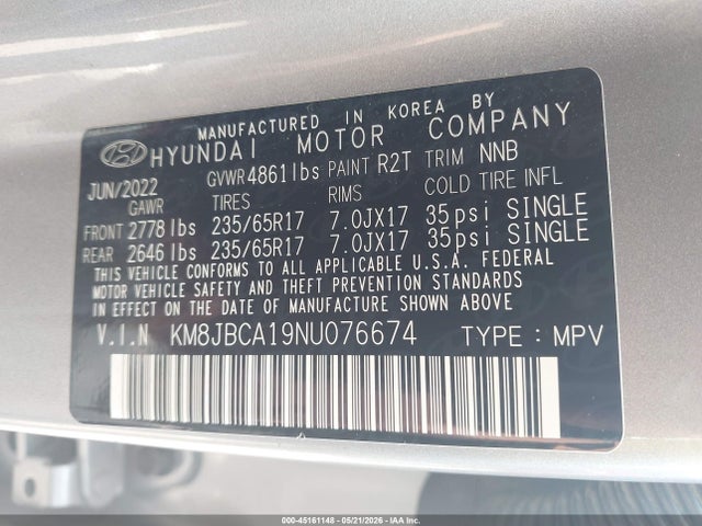 Auction sale of the 2022 Hyundai Tucson Hybrid Blue, vin: KM8JBCA19NU076674, lot number: 45161148