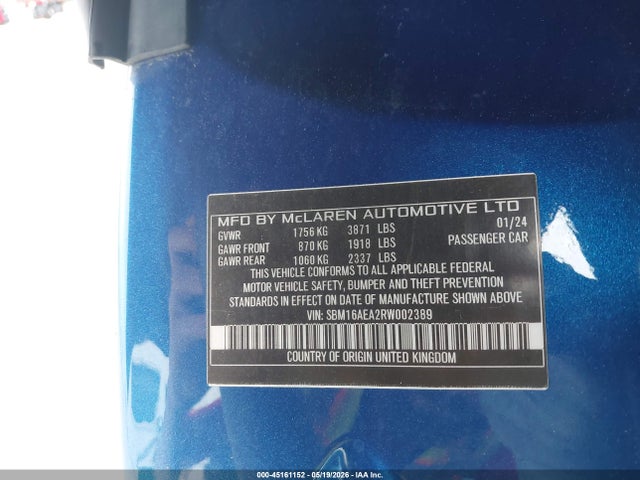 2024 Mclaren Artura მანქანა იყიდება აუქციონზე, vin: SBM16AEA2RW002389, აუქციონის ნომერი: 45161152