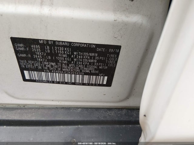 2019 Subaru Outback 2.5i Limited მანქანა იყიდება აუქციონზე, vin: 4S4BSAJC2K3234509, აუქციონის ნომერი: 45161160