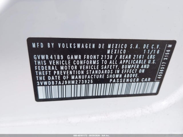 Aukcja sprzedaży 2017 Volkswagen Jetta 1.4t Se, vin: 3VWDB7AJ9HM273925, numer aukcji: 45161172