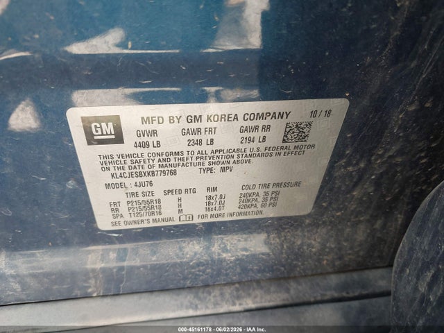 2019 Buick Encore Awd Preferred მანქანა იყიდება აუქციონზე, vin: KL4CJESBXKB779768, აუქციონის ნომერი: 45161178