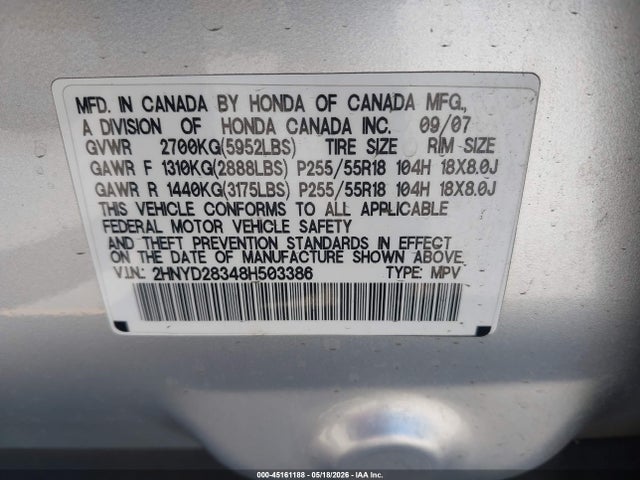 Aukcja sprzedaży 2008 Acura Mdx Technology Package, vin: 2HNYD28348H503386, numer aukcji: 45161188