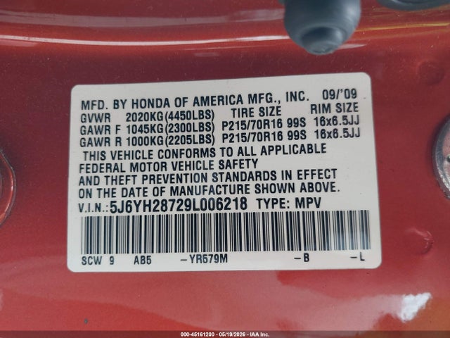 Продажа на аукционе авто 2009 Honda Element Ex, vin: 5J6YH28729L006218, номер лота: 45161200