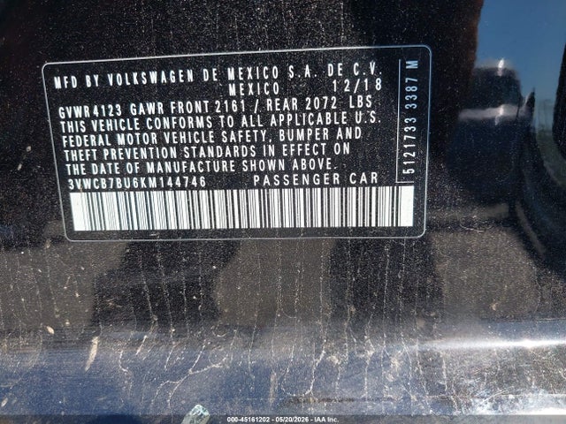 45161202 :رقم المزاد ، 3VWCB7BU6KM144746 vin ، 2019 Volkswagen Jetta 1.4t R-line/1.4t S/1.4t Se مزاد بيع
