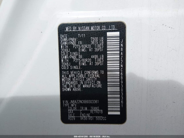 45161205 :رقم المزاد ، JN8AZ2NC6B9303361 vin ، 2011 Infiniti Qx56 مزاد بيع