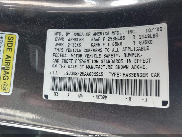 Aukcja sprzedaży 2010 Acura Tl 3.5, vin: 19UUA8F26AA004945, numer aukcji: 45161215