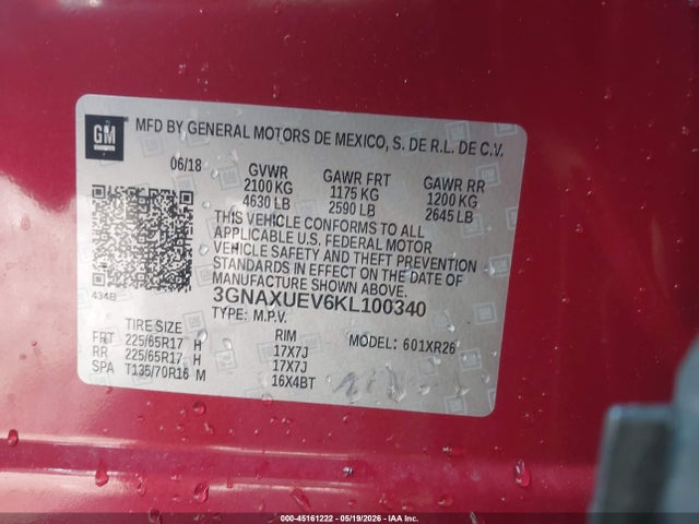 Продажа на аукционе авто 2019 Chevrolet Equinox Lt, vin: 3GNAXUEV6KL100340, номер лота: 45161222