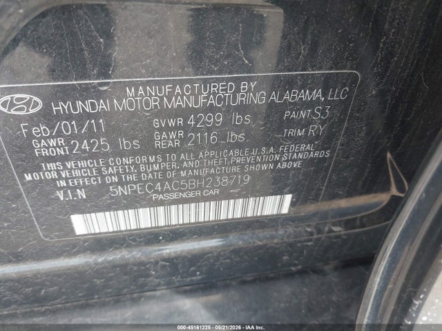 Продаж на аукціоні авто 2011 Hyundai Sonata Se, vin: 5NPEC4AC5BH238719, номер лоту: 45161225