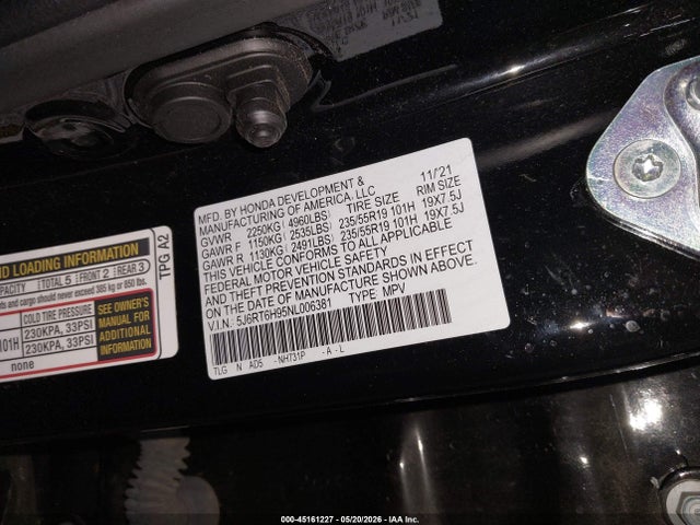 Aukcja sprzedaży 2022 Honda Cr-v Hybrid Touring, vin: 5J6RT6H95NL006381, numer aukcji: 45161227