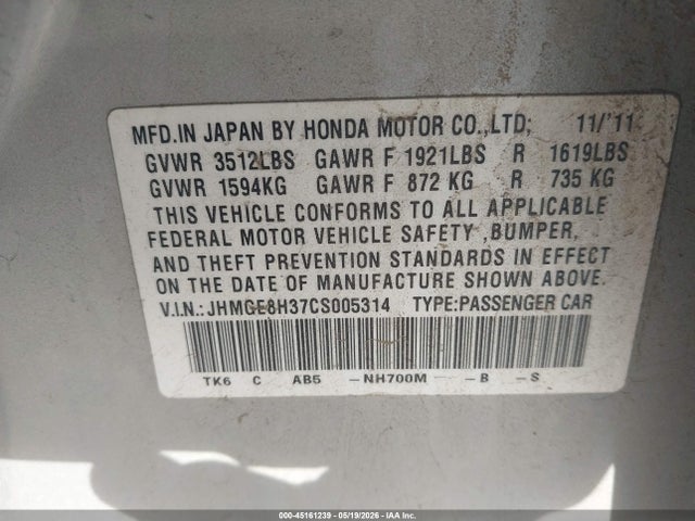45161239 :رقم المزاد ، JHMGE8H37CS005314 vin ، 2012 Honda Fit مزاد بيع