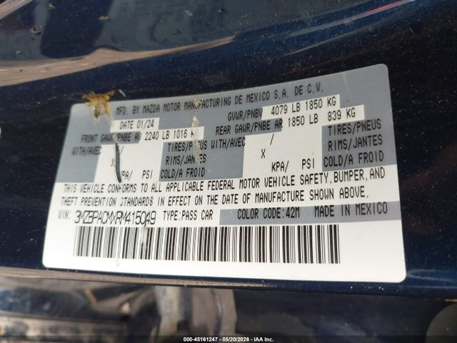 45161247 :رقم المزاد ، 3MZBPACMXRM415049 vin ، 2024 Mazda Mazda3 2.5 S Preferred مزاد بيع