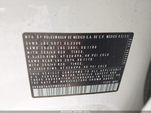 Продаж на аукціоні авто 2023 Volkswagen Tiguan 2.0t Sel R-line, vin: 3VV4B7AX5PM063670, номер лоту: 45161260