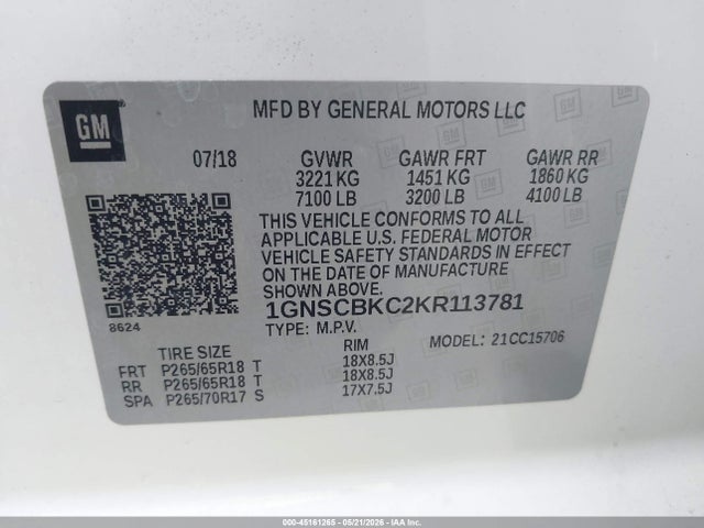 Aukcja sprzedaży 2019 Chevrolet Tahoe Lt, vin: 1GNSCBKC2KR113781, numer aukcji: 45161265