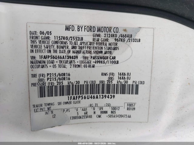 45161269 :رقم المزاد ، 1FAFP56U46A139439 vin ، 2006 Ford Taurus Sel مزاد بيع
