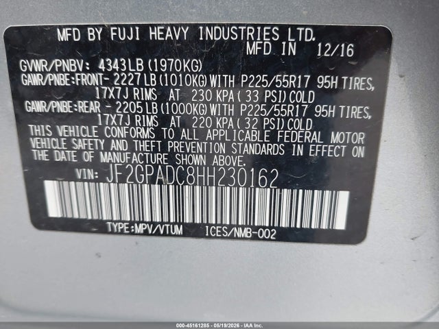 Продаж на аукціоні авто 2017 Subaru Crosstrek 2.0i Premium, vin: JF2GPADC8HH230162, номер лоту: 45161285
