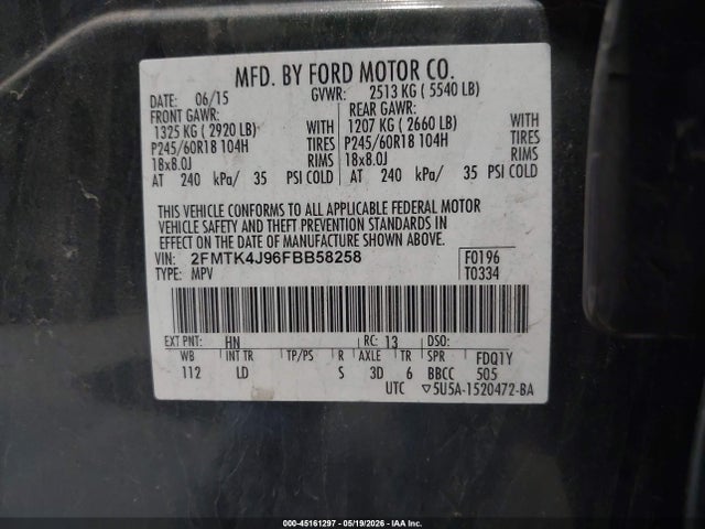 45161297 :رقم المزاد ، 2FMTK4J96FBB58258 vin ، 2015 Ford Edge Sel مزاد بيع