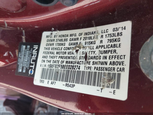 Aukcja sprzedaży 2014 Honda Civic Lx, vin: 19XFB2F58EE028274, numer aukcji: 45161299