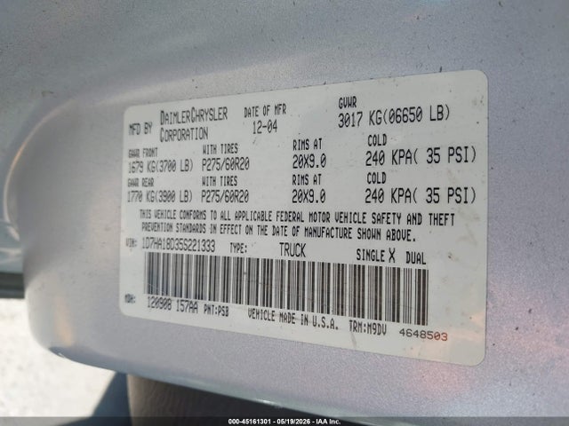 Продажа на аукционе авто 2005 Dodge Ram 1500 Slt/laramie, vin: 1D7HA18D35S221333, номер лота: 45161301