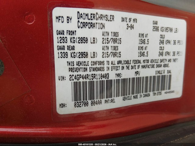 Продаж на аукціоні авто 2005 Chrysler Town & Country Lx, vin: 2C4GP44R15R110403, номер лоту: 45161320