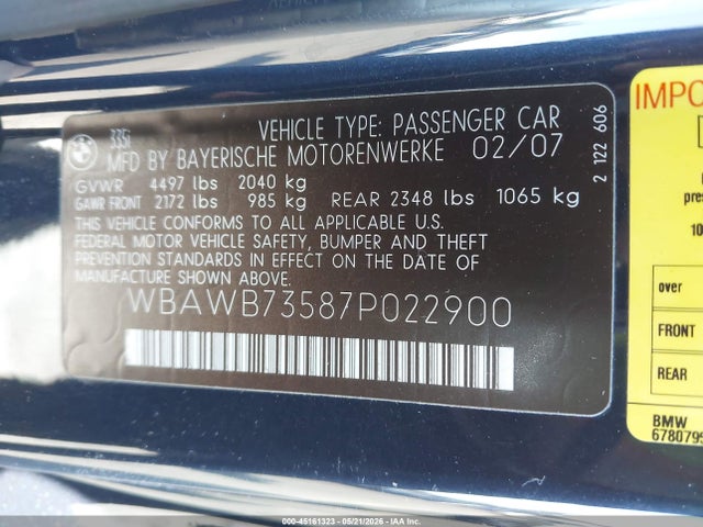 45161323 :رقم المزاد ، WBAWB73587P022900 vin ، 2007 Bmw 335i مزاد بيع
