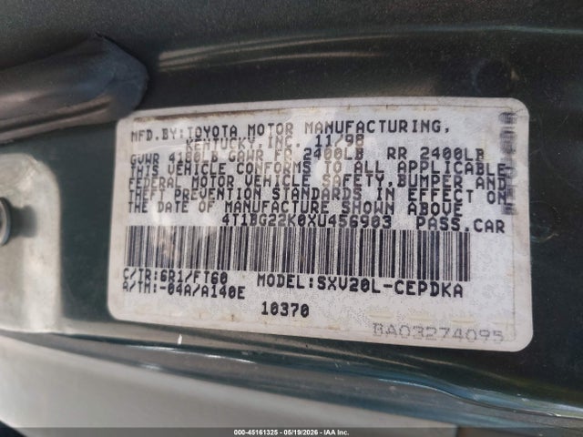 1999 Toyota Camry Ce მანქანა იყიდება აუქციონზე, vin: 4T1BG22K0XU456903, აუქციონის ნომერი: 45161325