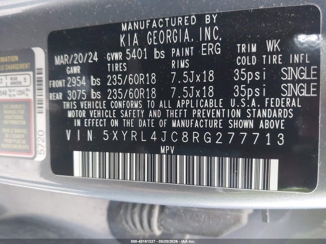 2024 Kia Sorento S მანქანა იყიდება აუქციონზე, vin: 5XYRL4JC8RG277713, აუქციონის ნომერი: 45161327