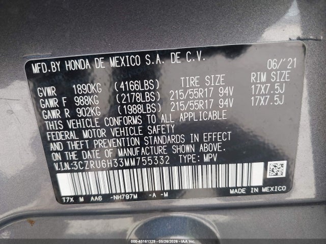 Продажа на аукционе авто 2021 Honda Hr-v Awd Lx, vin: 3CZRU6H33MM755332, номер лота: 45161329