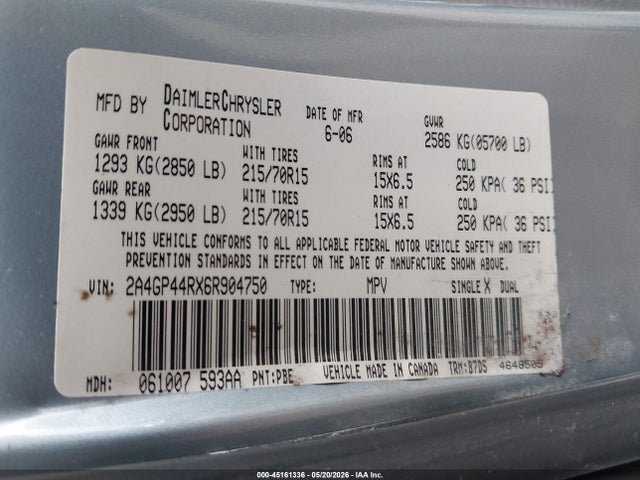Продажа на аукционе авто 2006 Chrysler Town & Country Lx, vin: 2A4GP44RX6R904750, номер лота: 45161336