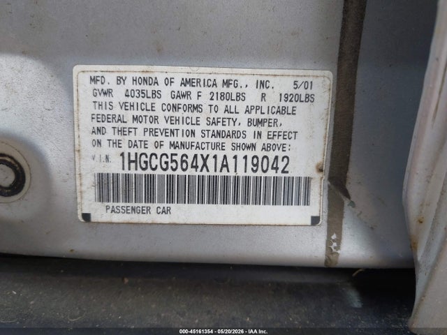 Aukcja sprzedaży 2001 Honda Accord 2.3 Lx, vin: 1HGCG564X1A119042, numer aukcji: 45161354