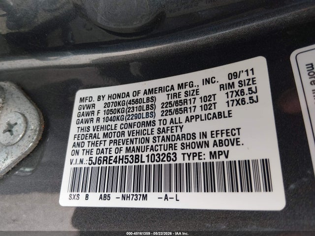 Продаж на аукціоні авто 2011 Honda Cr-v Ex, vin: 5J6RE4H53BL103263, номер лоту: 45161359