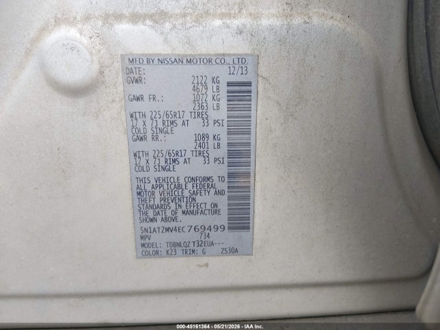 Продаж на аукціоні авто 2014 Nissan Rogue Sv, vin: 5N1AT2MV4EC769499, номер лоту: 45161364