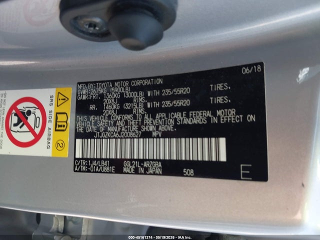 45161374 :رقم المزاد ، JTJGZKCA6J2008627 vin ، 2018 Lexus Rx 350l Premium مزاد بيع